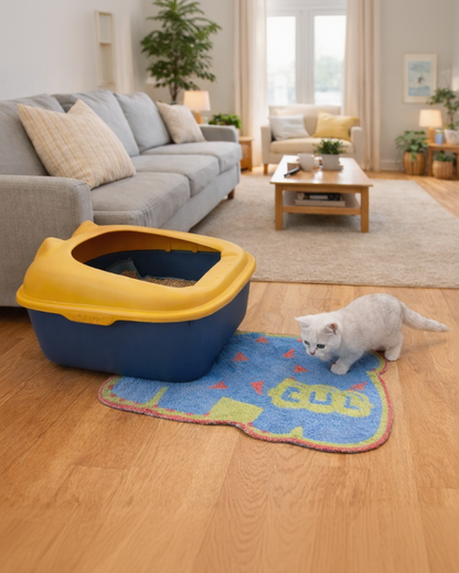 WhiskerBloom Litter Lock Mat placed under a litter box setup to help keep floors cleaner