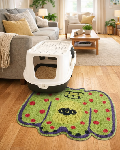 WhiskerBloom Litter Lock Mat in green style placed beside a covered litter box to reduce tracking