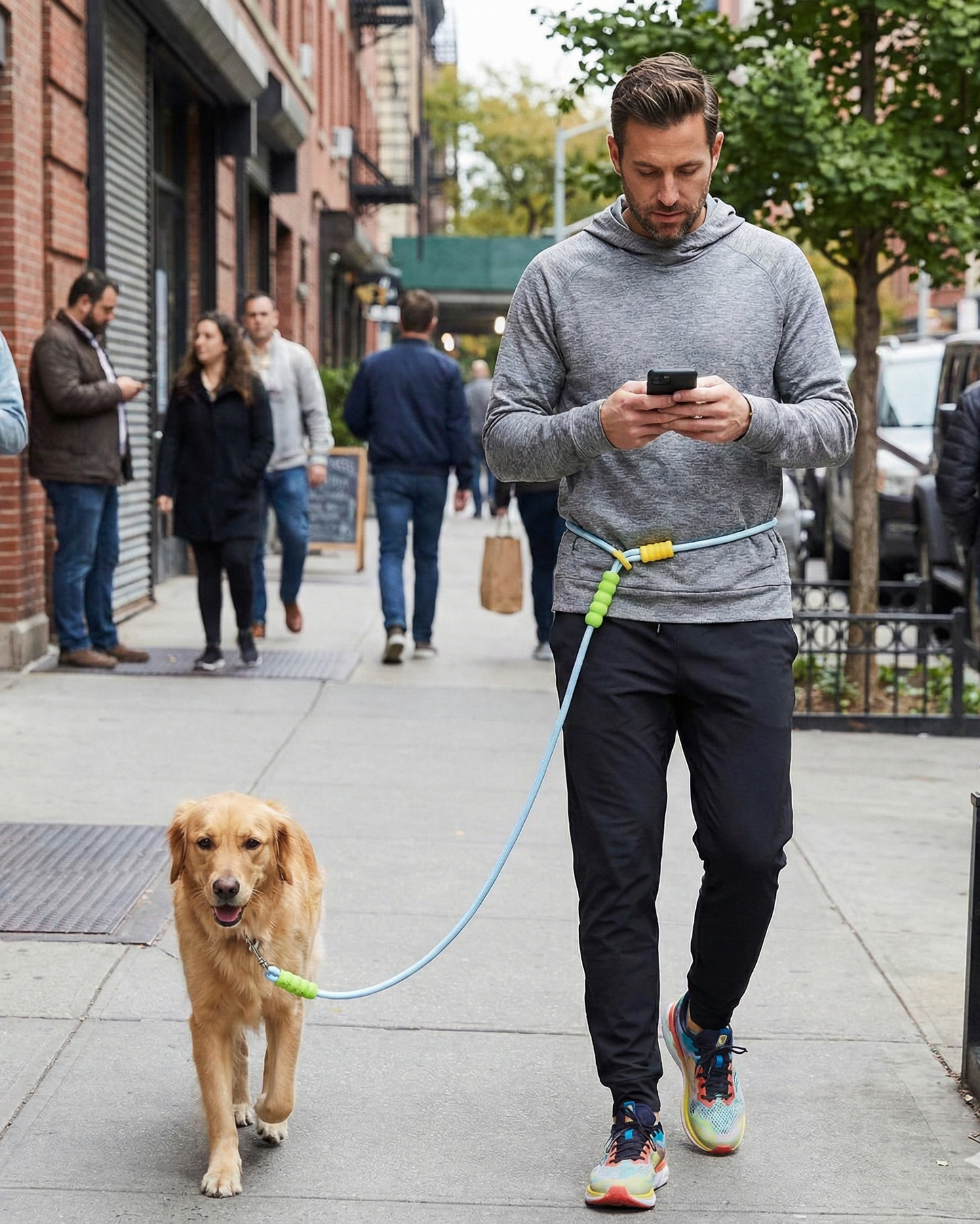 Dog walking in the city with UrbanStride Cloud Grip Leash for everyday control and comfort