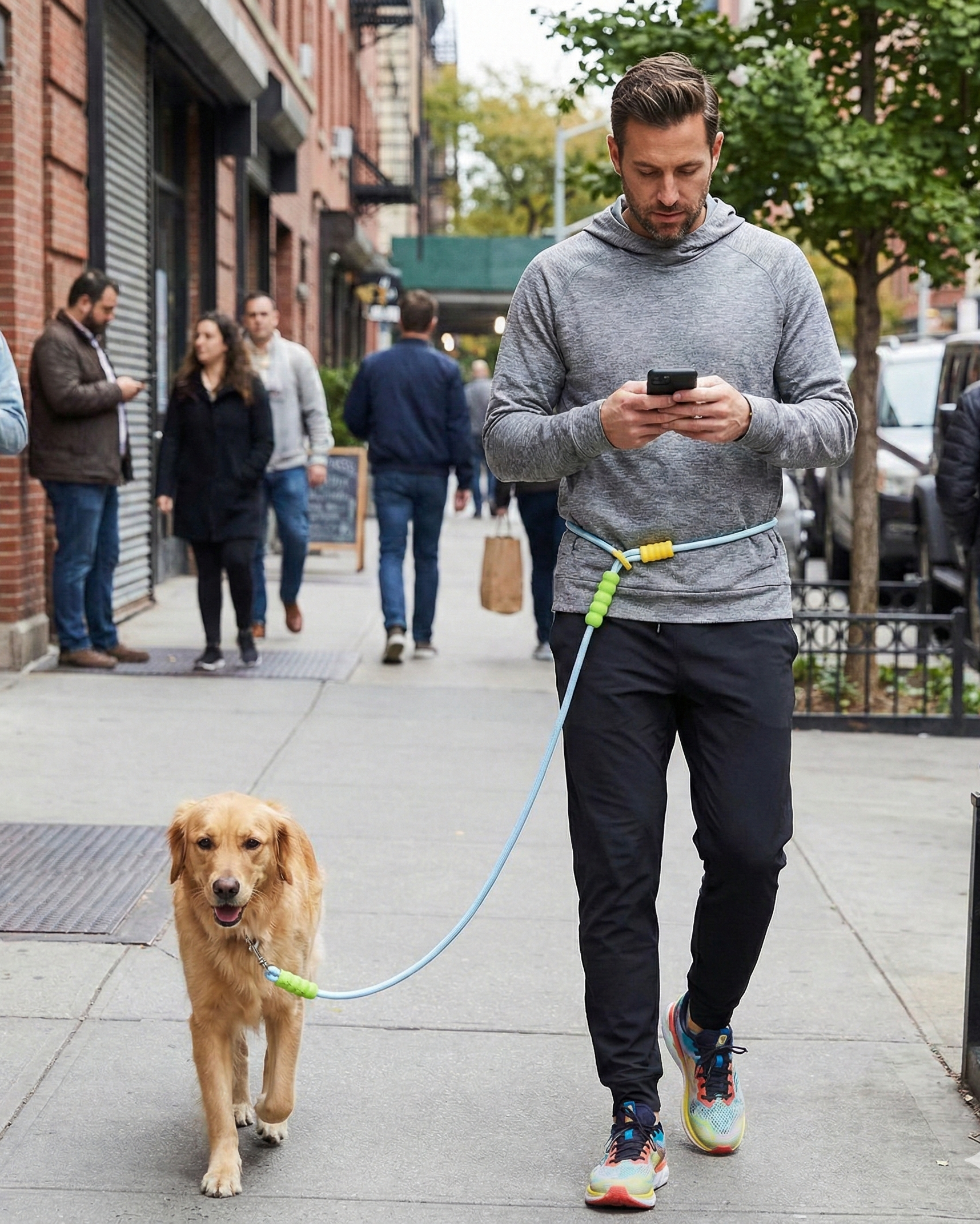 Dog walking in the city with UrbanStride Cloud Grip Leash for everyday control and comfort